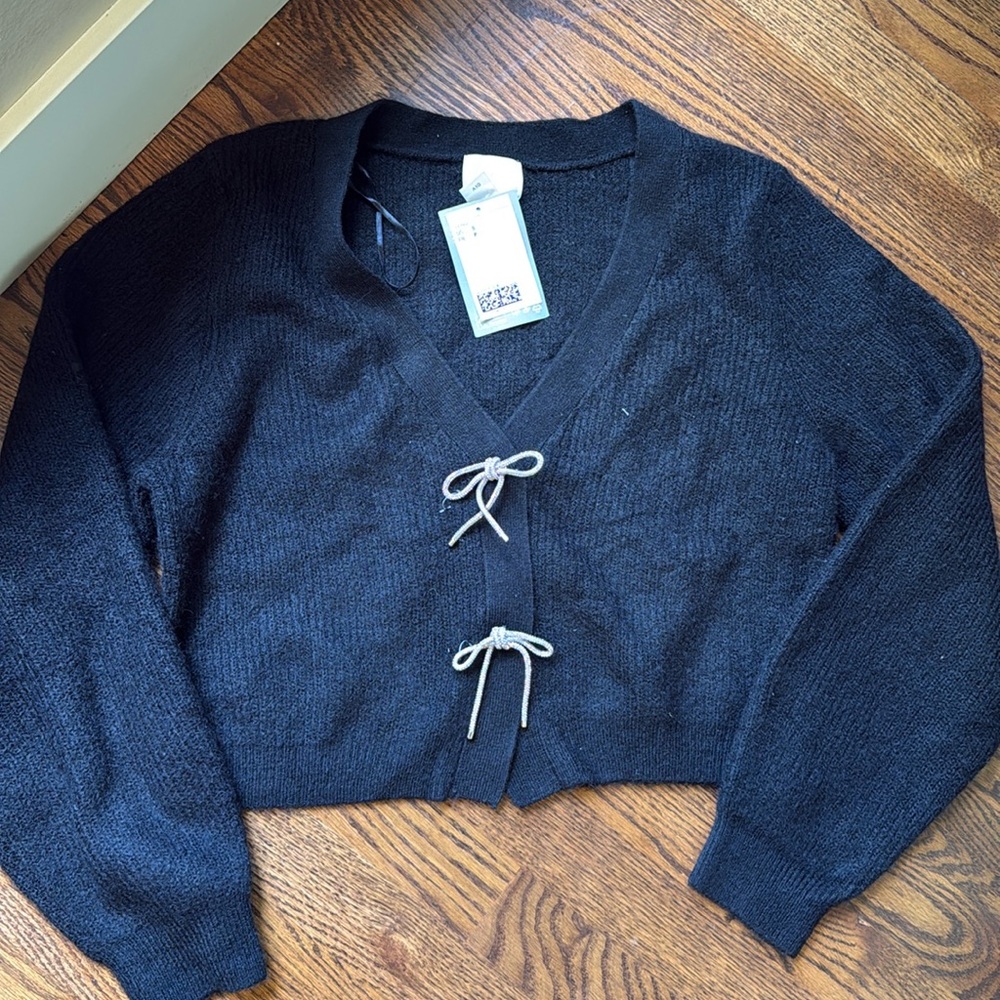 H&M black cardigan with rhinestone bows